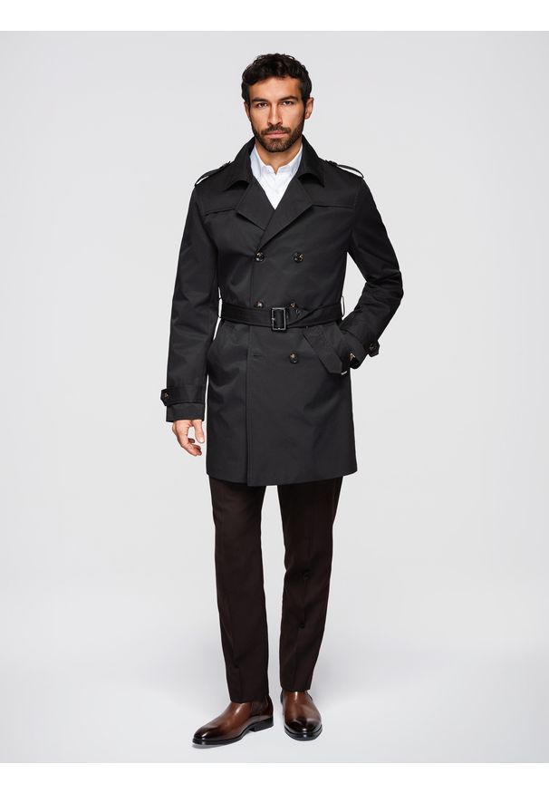 Ombre Clothing - Dwurzędowy elegancki płaszcz męski trencz SLIM FIT z paskiem - czarny V2 - Rozmiar: L. Kolor: czarny. Materiał: poliester, tkanina, materiał, satyna. Wzór: gładki. Styl: elegancki