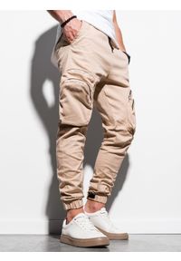 Ombre Clothing - Spodnie męskie joggery - beżowe P996 - L. Kolor: beżowy. Materiał: bawełna, elastan #3
