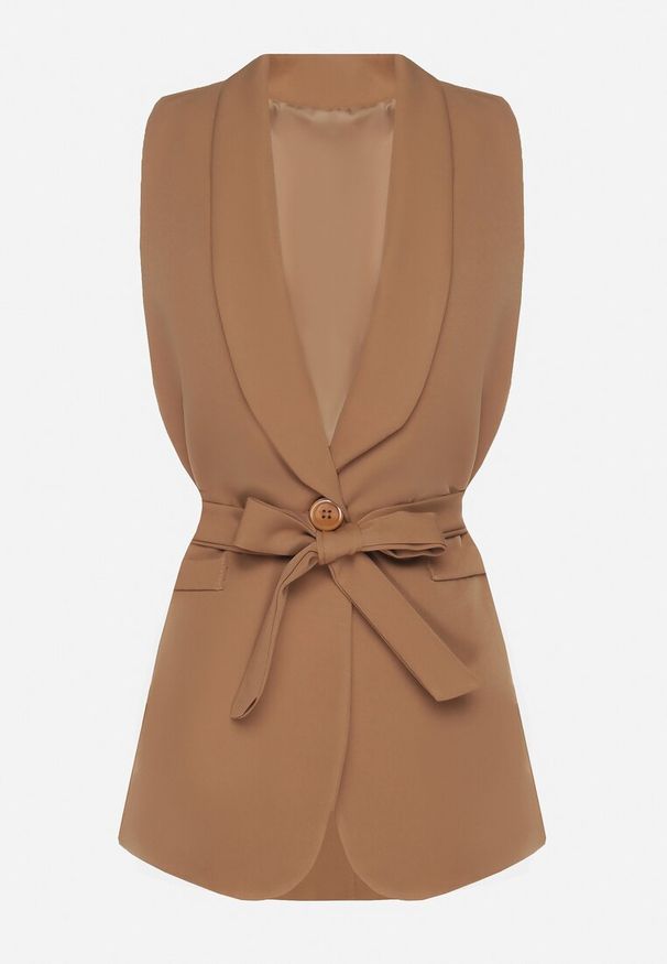 Born2be - Brązowa Garniturowa Kamizelka Ozdobiona Paskiem Viviona. Okazja: na co dzień. Kolor: brązowy. Wzór: aplikacja. Styl: elegancki, casual, klasyczny