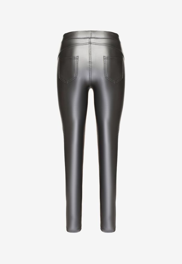 Born2be - Szare Legginsy z Ekoskóry z Wysokim Stanem i Imitacją Kieszeni Merievia. Okazja: na co dzień. Stan: podwyższony. Kolor: szary. Sezon: zima. Styl: klasyczny, casual, elegancki