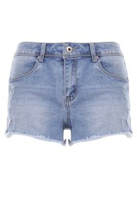 Born2be - Niebieskie Szorty Jeansowe Lastheda. Kolor: niebieski. Materiał: jeans. Długość: krótkie. Wzór: aplikacja #2