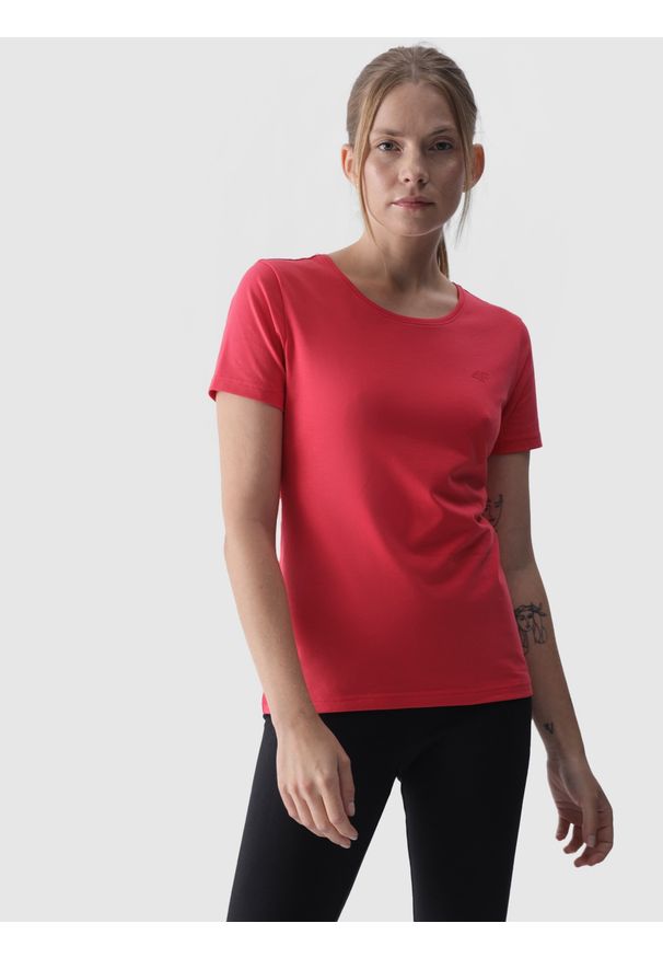 4f - 4F T-shirt slim gładki damski - czerwony S. Okazja: na co dzień. Kolor: czerwony. Materiał: jersey, materiał, bawełna, elastan, dzianina. Długość rękawa: krótki rękaw. Długość: krótkie. Wzór: gładki. Styl: sportowy, casual