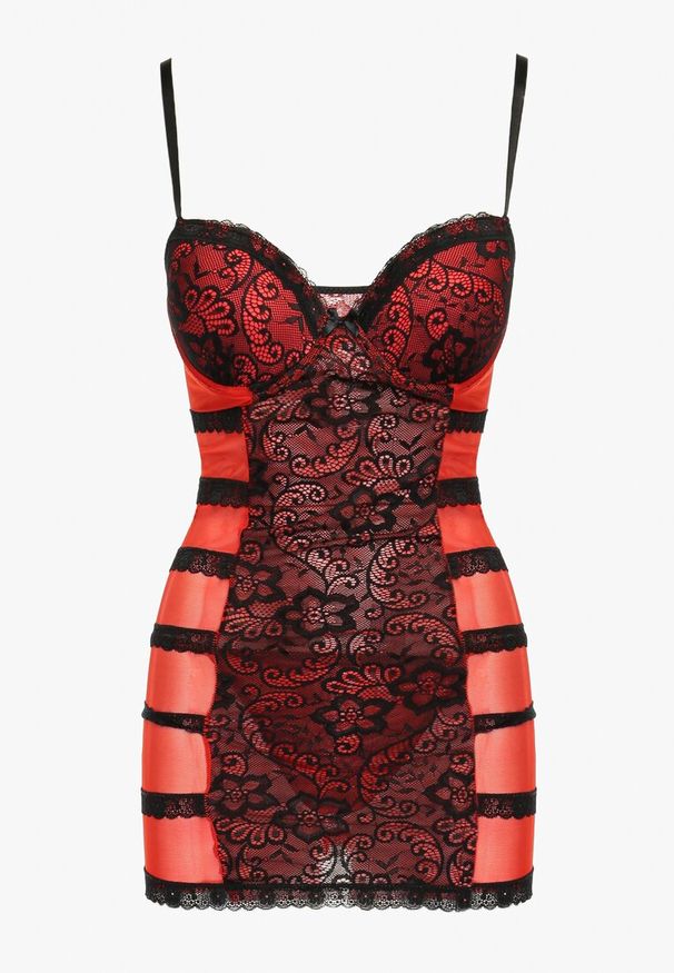 Renee - Czarna Elegancka Koszula Nocna ze Stringami i Subtelną Koronką Mareole. Kolor: czarny. Materiał: koronka. Wzór: koronka