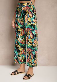 Renee - Zielone Spodnie z Bawełny o Szerokim Kroju High Waist w Liście Edirive. Okazja: na spotkanie biznesowe. Stan: podwyższony. Kolor: zielony. Materiał: bawełna. Sezon: lato. Styl: klasyczny, elegancki, biznesowy
