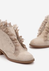 Renee - Beżowe Botki Sznurowane z Koronką Dimina. Kolor: beżowy. Materiał: koronka. Wzór: koronka #5