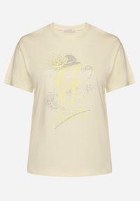 Born2be - Jasnożółty T-shirt z Bawełny z Cyrkoniowym Nadrukiem Sovtebia. Okazja: na co dzień. Kolor: żółty. Materiał: bawełna. Wzór: nadruk. Sezon: lato. Styl: klasyczny, casual #7