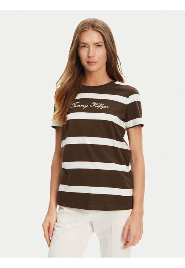 TOMMY HILFIGER - Tommy Hilfiger T-Shirt Script WW0WW45746 Brązowy Regular Fit. Kolor: brązowy. Materiał: bawełna