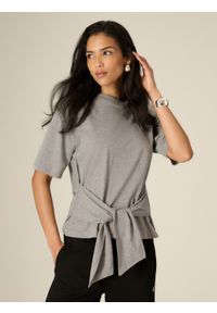 4f - 4F T-shirt regular z wiązaniem damski - szary L. Okazja: na co dzień. Kolor: szary. Materiał: dzianina, bawełna. Styl: casual, klasyczny #1