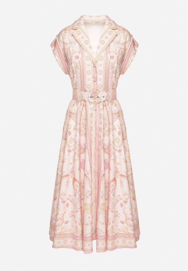 Born2be - Różowa Rozkloszowana Sukienka Koszulowa z Lnu i Wiskozy z Paskiem Alumera. Typ kołnierza: dekolt w serek, kołnierzyk klasyczny. Kolor: różowy. Materiał: wiskoza, len. Typ sukienki: koszulowe. Styl: klasyczny