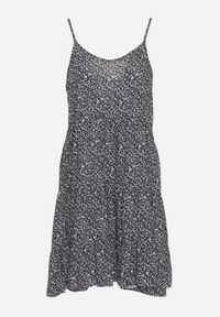 Born2be - Granatowa Bawełniana Sukienka Rozkloszowana na Ramiączkach z Falbanką Piloa. Kolor: niebieski. Materiał: bawełna. Długość rękawa: na ramiączkach. Wzór: kwiaty. Sezon: lato #6