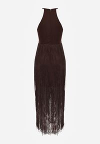 Born2be - Brązowa Koktajlowa Sukienka na Ramiączkach Zdobiona Frędzlami Kelennea. Kolor: brązowy. Długość rękawa: na ramiączkach. Wzór: aplikacja. Typ sukienki: dopasowane. Styl: wizytowy #6