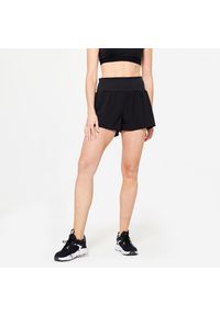 DOMYOS - Spodenki fitness cardio damskie Domyos 2w1. Kolor: czarny. Materiał: materiał, skóra. Sport: fitness