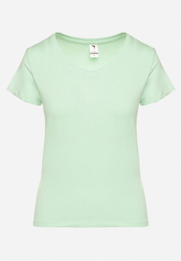 Born2be - Zielony Bawełniany T-shirt z Dekoltem w Serek Nusarisa. Okazja: na co dzień. Typ kołnierza: dekolt w serek. Kolor: zielony. Materiał: bawełna. Styl: casual