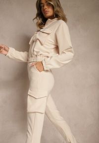 Renee - Beżowy Komplet Dresowy Cargo Bluza ze Stójką i Spodnie Jogger Litene. Kolor: beżowy. Materiał: dresówka. Sport: turystyka piesza