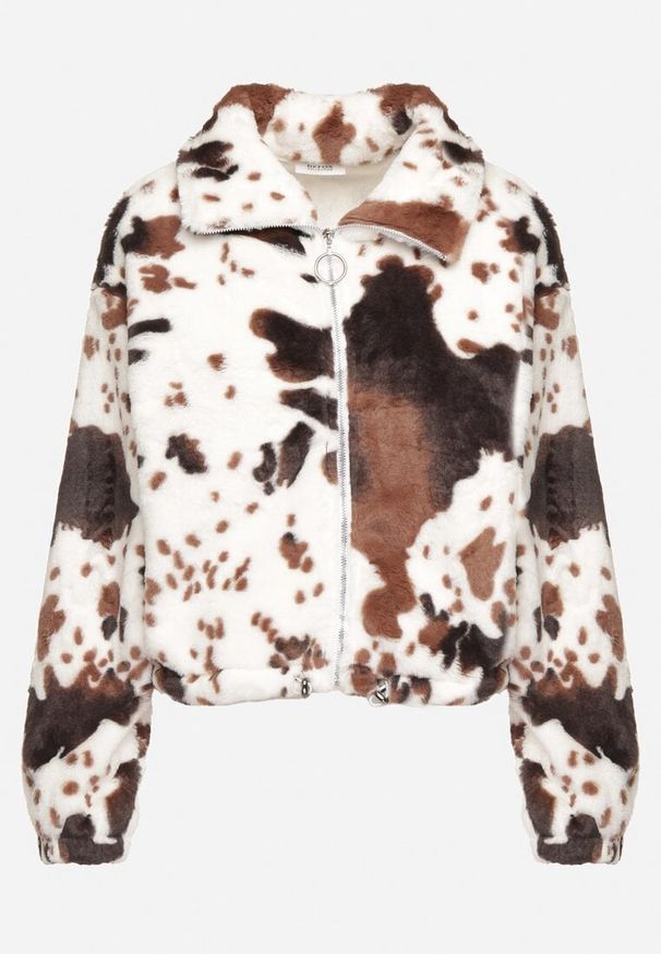 Born2be - Czarno-Biała Futerkowa Kurtka ze Ściągaczami i Kołnierzykiem w Animal Print Fortilia. Okazja: na spacer. Kolor: czarny. Materiał: materiał, jeans, futro. Długość rękawa: długi rękaw. Długość: długie. Wzór: nadruk. Styl: elegancki