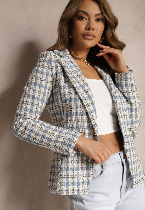 Renee - Niebiesko-Beżowa Casualowa Tweedowa Marynarka z Wszytymi Poduszkami na Ramionach Jaanes. Okazja: na co dzień. Kolor: niebieski. Materiał: bawełna, jeans. Wzór: aplikacja. Styl: casual