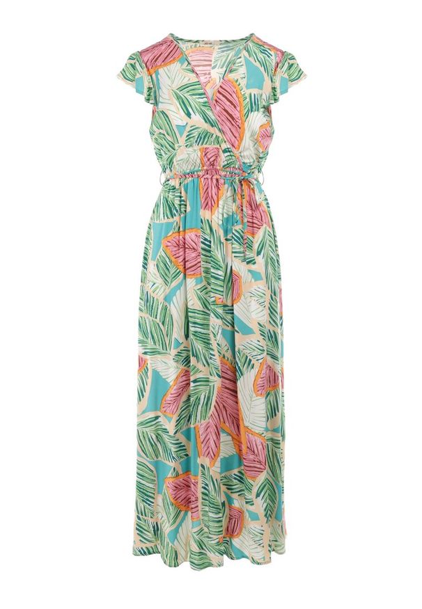 Born2be - Zielona Sukienka Donky. Typ kołnierza: kołnierz z falbankami. Kolor: zielony. Materiał: materiał. Długość rękawa: bez rękawów. Wzór: nadruk. Typ sukienki: kopertowe. Długość: maxi