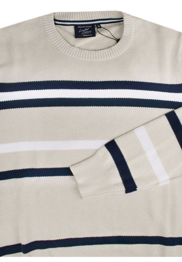 Sweter z Dzianiny Bawełnianej - w Paski - Pako Jeans - Beżowy. Kolor: beżowy, brązowy, wielokolorowy. Materiał: bawełna. Wzór: paski. Styl: klasyczny, elegancki