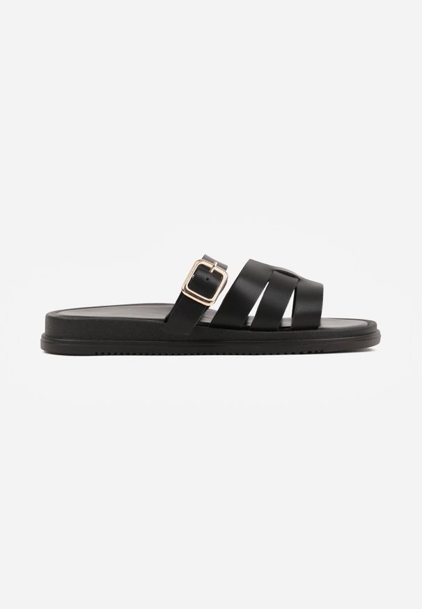 Born2be - Czarne Klapki z Przeplatanymi Paskami i Klamrą Ravelya. Okazja: na spacer, na co dzień. Kolor: czarny. Materiał: jeans. Sezon: lato. Styl: casual, klasyczny, boho