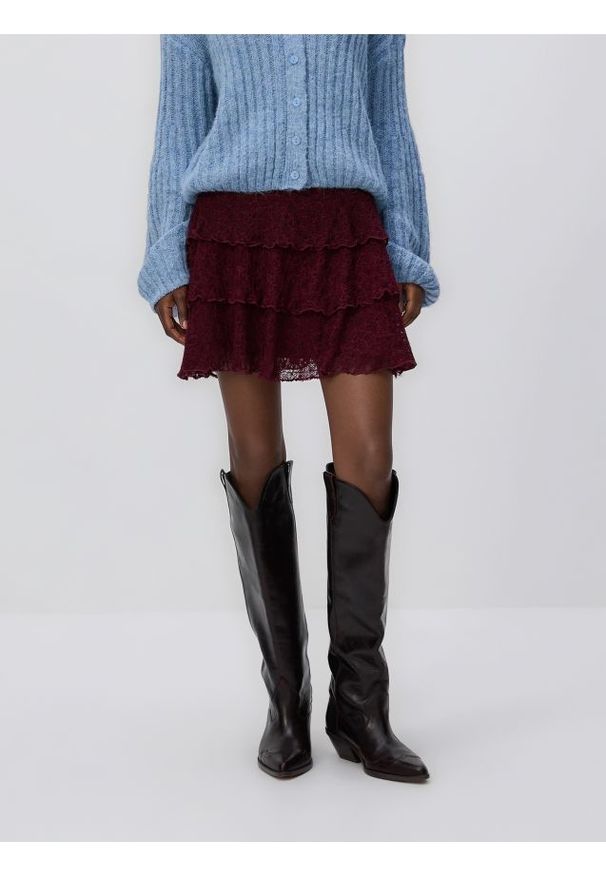 Reserved - Koronkowa spódnica mini - ciemnofioletowy. Kolor: fioletowy. Materiał: koronka
