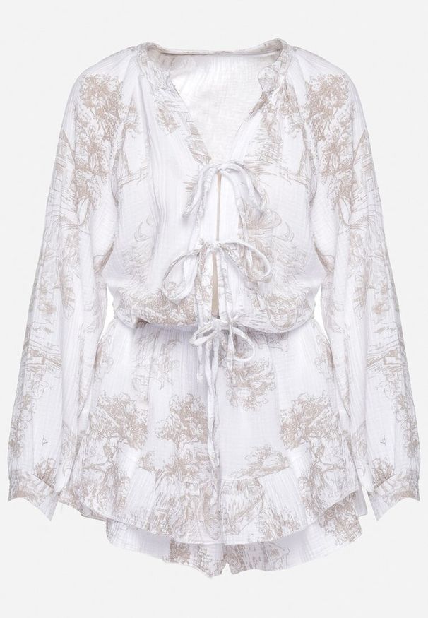 Born2be - Beżowy Bawełniany Kombinezon Muślinowy z Wiązaniem i Spódnico-Szortami Vimarosa. Kolor: beżowy. Materiał: bawełna. Styl: elegancki