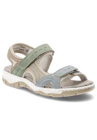 Sandały damskie Rieker, cholewka ze skóry ekologicznej z kolorowymi wstawkami regulowanymi paskami na rzep odkryty fason, kolorowe, 68866-94. Zapięcie: rzepy. Materiał: skóra ekologiczna. Wzór: kolorowy #1
