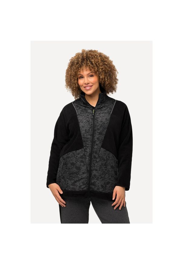 ULLA POPKEN - Damskie Kurtka polarowa kolorowe lamówki stójka 2-kierunkowy zamek błyskawiczny. Typ kołnierza: kołnierzyk stójkowy. Kolekcja: plus size. Kolor: czarny. Materiał: poliester, materiał. Wzór: kolorowy