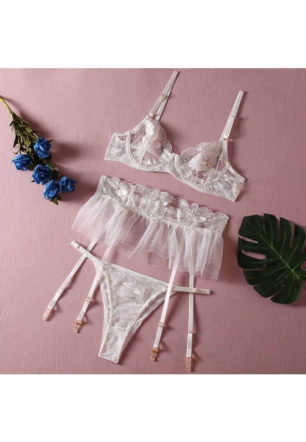 Intica - Komplet bielizny z regulowanymi paskami i przezroczystymi wstawkami Zakira. Kolor: biały. Materiał: materiał, skóra. Wzór: paski