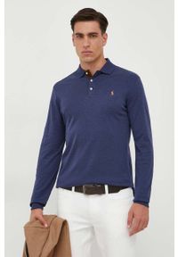 Polo Ralph Lauren longsleeve bawełniany kolor niebieski gładki. Typ kołnierza: polo. Kolor: niebieski. Materiał: bawełna. Długość rękawa: długi rękaw. Długość: krótkie. Wzór: gładki