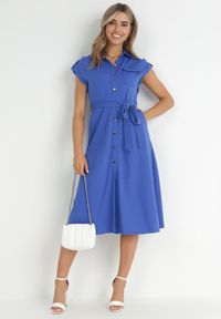Born2be - Niebieska Sukienka Koszulowa Phinitrite. Okazja: na co dzień. Kolor: niebieski. Wzór: aplikacja. Typ sukienki: koszulowe. Materiał: materiał. Długość rękawa: krótki rękaw. Sezon: lato. Styl: casual. Długość: midi #5