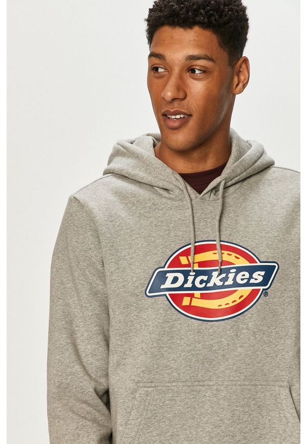Dickies Bluza męska kolor szary z kapturem z nadrukiem. Okazja: na co dzień. Typ kołnierza: kaptur. Kolor: szary. Materiał: dzianina. Wzór: nadruk. Styl: casual