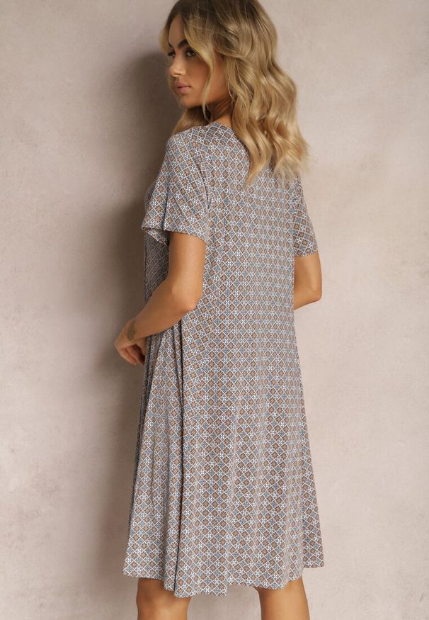 Renee - Niebiesko-Beżowa Sukienka Mini z Wiskozy z Rozkloszowanym Dołem Lontassa. Kolor: niebieski. Materiał: wiskoza. Sezon: lato. Długość: mini