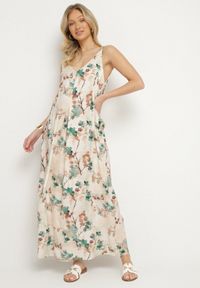 Born2be - Beżowo-Zielona Kwiecista Sukienka na Ramiączkach z Wiskozą o Rozkloszowanym Kroju Jenarienna. Okazja: na co dzień. Typ kołnierza: dekolt w kształcie V. Kolor: zielony. Materiał: wiskoza. Długość rękawa: na ramiączkach. Wzór: kwiaty. Typ sukienki: rozkloszowane. Styl: casual, elegancki #1