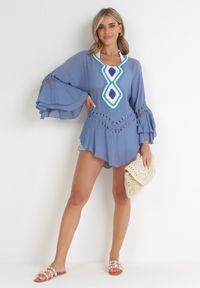 Born2be - Niebieska Tunika Raylee. Kolor: niebieski. Długość rękawa: długi rękaw. Długość: długie. Wzór: ażurowy. Styl: boho #3