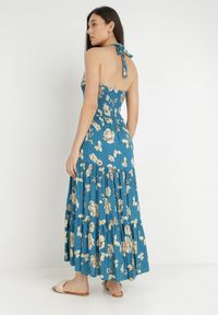 Born2be - Niebieska Sukienka z Wiskozy Damaleia. Kolor: niebieski. Materiał: wiskoza. Długość rękawa: bez rękawów. Wzór: nadruk, aplikacja, kwiaty. Typ sukienki: dopasowane. Długość: maxi #4