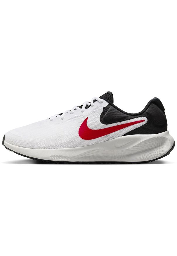 Buty do biegania męskie Nike Revolution 7. Zapięcie: sznurówki. Kolor: czerwony, czarny, wielokolorowy, biały. Materiał: syntetyk, materiał, tkanina. Szerokość cholewki: normalna. Model: Nike Revolution. Sport: bieganie