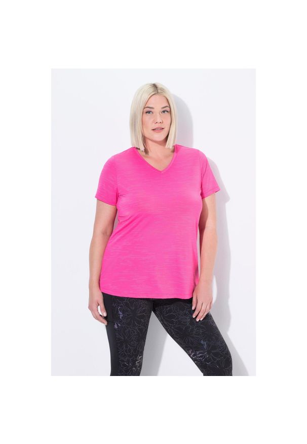 ULLA POPKEN - Damskie Bluzka funkcyjna wstawki z siateczki dekolt w serek rękaw 1/2. Typ kołnierza: dekolt w serek. Kolekcja: plus size. Kolor: różowy. Materiał: poliester, materiał, elastan