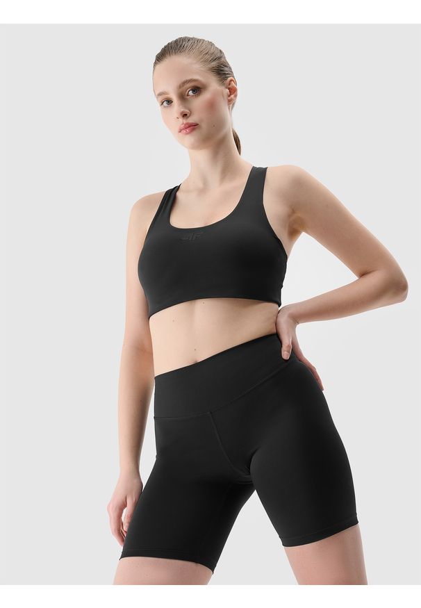 4f - 4F Legginsy kolarki treningowe z materiału z recyklingu damskie - czarne L. Kolor: czarny. Materiał: materiał. Wzór: jednolity, gładki, ze splotem. Sport: fitness