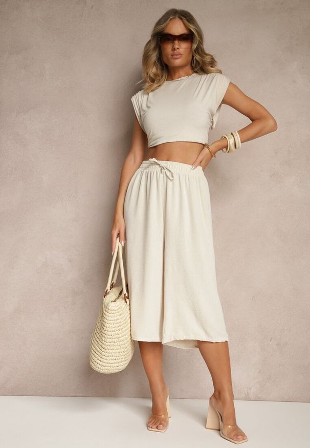Renee - Beżowe Spodnie Kuloty z Bawełną High Waist Azetia. Okazja: na co dzień. Stan: podwyższony. Kolor: beżowy. Materiał: bawełna. Sezon: lato, wiosna. Styl: sportowy, elegancki, casual