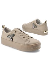 Beżowe Sneakersy Filippo Modne Obuwie Damskie. Okazja: na co dzień. Kolor: beżowy. Materiał: guma, jeans, materiał, skóra. Wzór: aplikacja #7