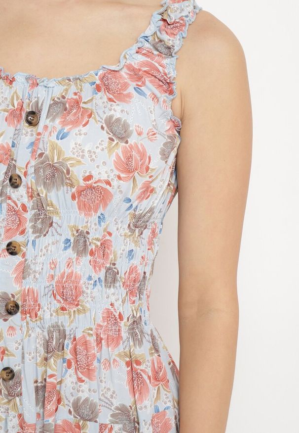Born2be - Jasnoniebieska Rozkloszowana Sukienka Bawełniana w Kwiatowy Print z Guzikami Jamallia. Okazja: na co dzień. Kolor: niebieski. Materiał: bawełna. Wzór: nadruk, kwiaty. Typ sukienki: proste. Styl: casual, klasyczny