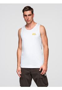 Ombre Clothing - Bawełniany męski tank top z nadrukiem Summer Vibe – biały V2 - Rozmiar: M. Okazja: na plażę, na co dzień. Kolor: biały. Materiał: bawełna. Długość rękawa: bez rękawów. Wzór: nadruk. Sezon: lato. Styl: elegancki, wakacyjny, casual, sportowy
