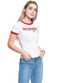 Wrangler - WRANGLER RINGER TEE DAMSKI T-SHIRT KOSZULKA NADRUK LOGO OFFWHITE W7385G202 112131047. Wzór: nadruk