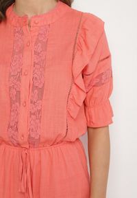 Born2be - Pomarańczowy Kombinezon z Lnu i Wiskozy w Stylu Boho z Falbankami i Koronką Linalisse. Okazja: na co dzień. Kolor: pomarańczowy. Materiał: koronka, len, wiskoza. Wzór: koronka. Styl: boho #4