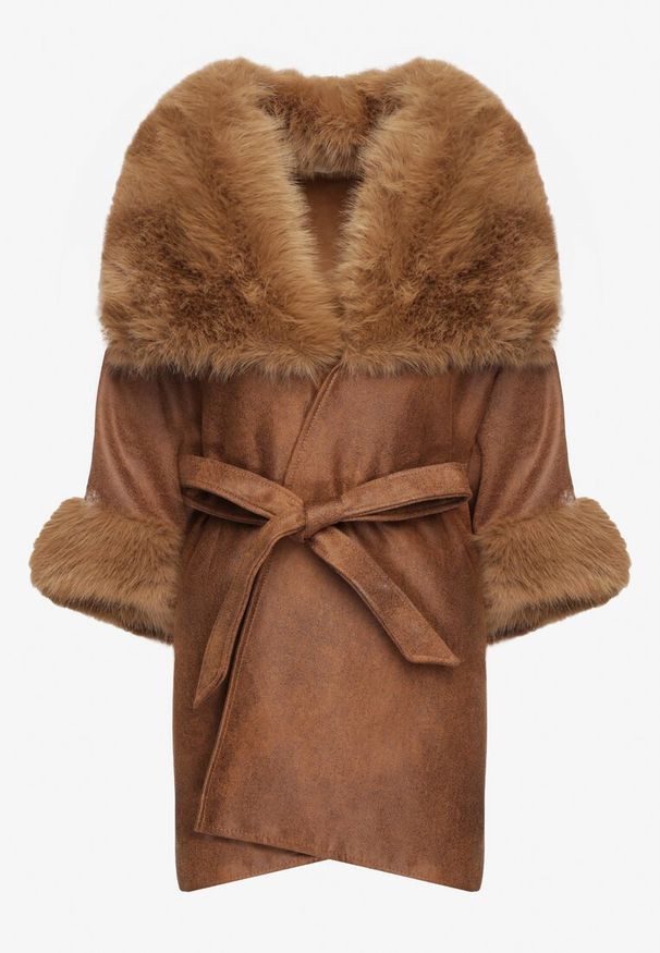 Born2be - Brązowy Płaszcz z Wiązaniem w Pasie i Futerkiem Ozdobiony Wycięciami po Bookach Sartellia. Kolor: brązowy. Materiał: futro. Długość rękawa: długi rękaw. Długość: długie. Wzór: aplikacja. Styl: klasyczny, elegancki, wizytowy