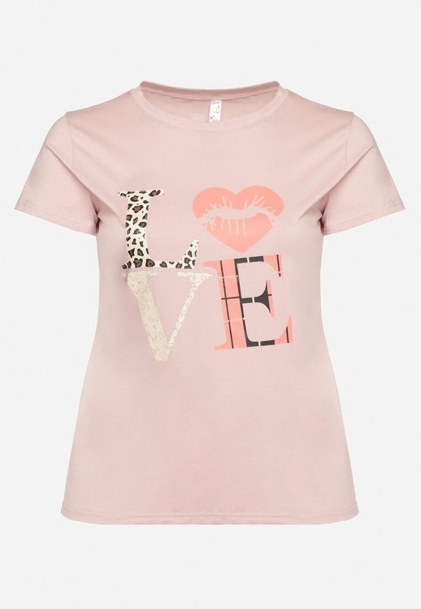 Born2be - Jasnoróżowy T-shirt z Krótkim Rękawem i Ozdobnym Nadrukiem Testolene. Okazja: na co dzień. Kolekcja: plus size. Kolor: różowy. Materiał: jeans. Długość rękawa: krótki rękaw. Długość: krótkie. Wzór: nadruk. Styl: casual, klasyczny, wizytowy