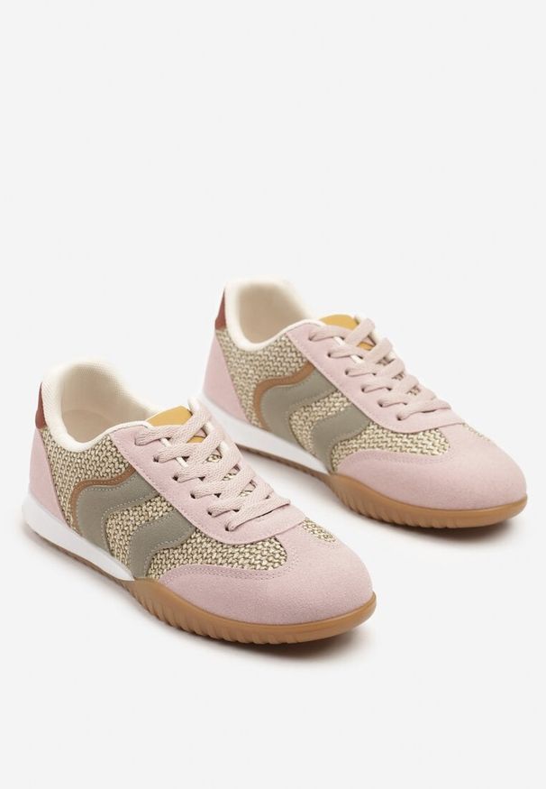 Born2be - Różowo-Zielone Sneakersy Ozdobione Plecionką i Geometrycznym Wzorem Aniffia. Okazja: na co dzień. Kolor: różowy. Wzór: aplikacja, geometria