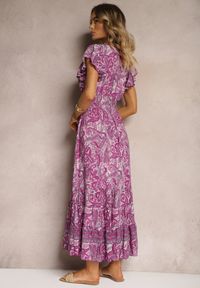 Renee - Fioletowa Bawełniana Sukienka Paisley z Kopertowym Dekoltem z Falbaną i Gumką w Talii Brionea. Okazja: na co dzień. Typ kołnierza: dekolt kopertowy. Kolor: fioletowy. Materiał: bawełna. Długość rękawa: krótki rękaw. Wzór: paisley. Typ sukienki: kopertowe. Styl: elegancki, casual #4