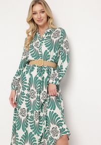 Born2be - Zielono-Biała Sukienka z Wiskozy z Podpinanymi Rękawami Zapinana na Guziki z Falbanką Kiosara. Typ kołnierza: dekolt w serek. Kolor: zielony. Materiał: wiskoza. Sezon: wiosna, lato. Styl: elegancki, klasyczny #5