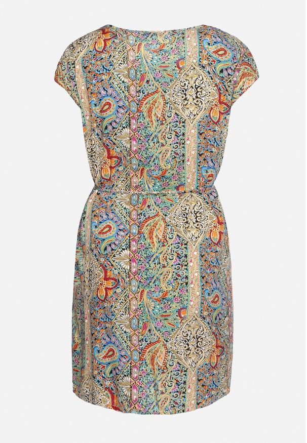 Born2be - Zielono-Beżowa Wiskozowa Sukienka w Stylu Boho o Pudełkowym Kroju z Materiałowym Paskiem Neteri. Okazja: na co dzień. Kolor: zielony. Materiał: wiskoza, materiał. Styl: boho